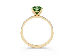 Fancy Green Cushion Cut Diamond Solitaire Engagement Ring Set in Yellow gold with Round Pavé Band and Prong Setting