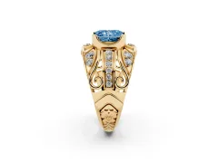Fancy Blue Radiant Cut Diamond Art Deco Ring Set in Yellow gold with Pavé Split Shank