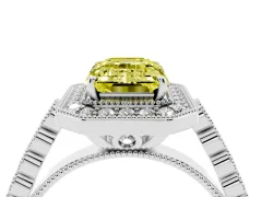 Fancy Yellow Emerald Cut Diamond Milgrain Halo Solitaire Ring Set in White gold with Bezel Set Side Stones and Pavé Band
