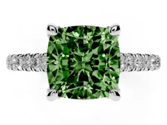 Fancy Green Cushion Cut Diamond Solitaire Ring Set in Platinum with Brilliant Pavé Band and Prong Setting