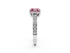 Fancy Pink Asscher Cut Diamond Solitaire Ring Set in White gold with Milgrain-Edged Pavé Band and Prong Setting