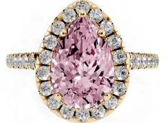 Fancy Pink Pear Cut Diamond Pavé Halo Engagement Ring Set in Yellow gold with Pavé Band and Prong Setting