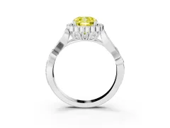 Fancy Yellow Cushion Cut Diamond Halo Ring Set in White gold with Leaf Motif Split Shank and Prong Setting