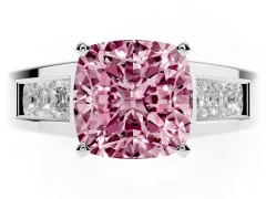 Fancy Pink Cushion Cut Diamond Solitaire Ring Set in White gold with Channel-Set Accent Stones and Prong Setting