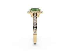 Fancy Green Emerald Cut Diamond Halo Engagement Ring Set in Yellow gold with Pavé Band and Prong-Set Center
