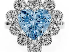Fancy Blue Heart Cut Diamond Cluster Halo Ring Set in White gold with Milgrain Bezel Accents and Plain Band