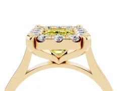 Fancy Yellow Emerald Cut Diamond Cluster Halo Solitaire Ring Set in Yellow gold with Prong Setting