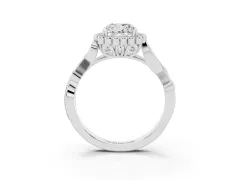 Cushion Cut Diamond Halo Ring Set in White gold with Leaf Motif Split Shank and Prong Setting