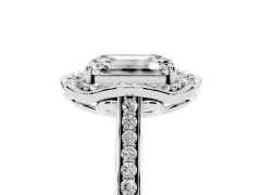 Emerald Cut Diamond Halo Ring Set in White gold with Pavé-Lined Shoulders and Prong Setting