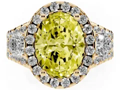 Fancy Yellow Oval Cut Diamond Halo Split Shank Ring Set in Yellow gold with Round Accent Stones and Prong Setting