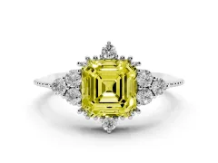 Fancy Yellow Asscher Cut Diamond Cluster Ring Set in Platinum with Beaded Band