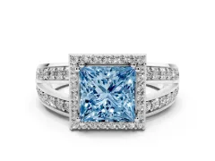 Fancy Blue Princess Cut Diamond Halo Ring Set in White gold with Double Pavé Split Shank