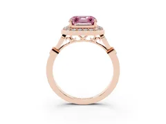 Fancy Pink Asscher Cut Diamond Halo Engagement Ring Set in Rose gold with Twisted Band and Prong Setting