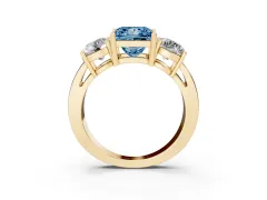 Fancy Blue Princess Cut Diamond Three-Stone Ring Set in Yellow gold with Round Side Stones and Classic Band