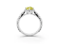 Fancy Yellow Marquise Cut Diamond Halo Ring Set in Silver with Filigree Leaf Band and Prong Setting