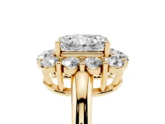 Radiant Cut Diamond Halo Cluster Engagement Ring Set in Yellow gold with Polished Band and Prong Setting