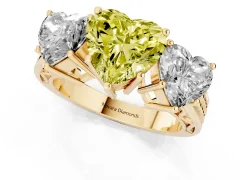 Fancy Yellow Heart Cut Diamond Three-Stone Ring Set in Yellow gold with Textured Band