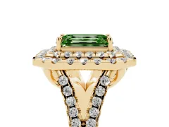 Fancy Green Emerald Cut Diamond Double Halo Ring Set in Yellow gold with Pavé Split Shank and Prong Setting