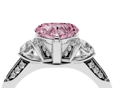 Fancy Pink Heart Cut Diamond Three-Stone Ring Set in Silver with Pavé Band and Smaller Side Stones