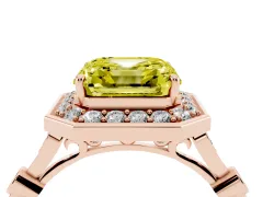 Fancy Yellow Asscher Cut Diamond Halo Engagement Ring Set in Rose gold with Twisted Band and Prong Setting