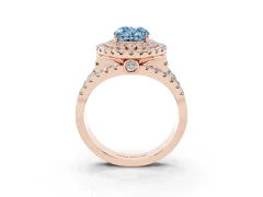Fancy Blue Oval Cut Diamond Double Halo Ring Set in Rose gold with Round Pavé Split Shank