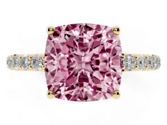 Fancy Pink Cushion Cut Diamond Solitaire Engagement Ring Set in Yellow gold with Round Pavé Band and Prong Setting
