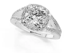 Cushion Cut Diamond Halo Split Shank Pavé Ring Set in Platinum with Prong Setting