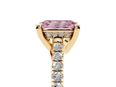 Fancy Pink Emerald Cut Diamond Solitaire Ring Set in Yellow gold with Brilliant Pavé Band and Prong Setting