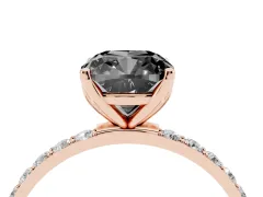 Fancy Black Cushion Cut Diamond Solitaire Engagement Ring Set in Rose gold with Round Pavé Band and Prong Setting