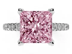 Fancy Pink Princess Cut Diamond Solitaire Ring Set in Silver with Brilliant Pavé Band and Prong Setting