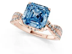 Fancy Blue Asscher Cut Diamond Twist Pavé Solitaire Engagement Ring Set in Rose gold with Prong Setting