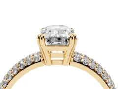 Emerald Cut Diamond Solitaire Ring Set in Yellow gold with Multi-Row Round Pavé Band and Prong Setting