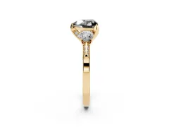 Fancy Black Heart Cut Diamond Three-Stone Ring Set in Yellow gold with Pavé Band and Smaller Side Stones