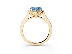 Fancy Blue Heart Cut Diamond Halo Ring Set in Yellow gold with Pavé-Lined Shoulders and Prong Setting