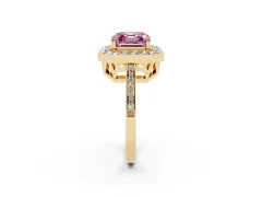Fancy Pink Asscher Cut Diamond Halo Ring Set in Yellow gold with Accent-Lined Split Shank and Prong Setting