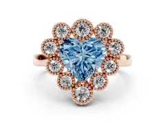 Fancy Blue Heart Cut Diamond Cluster Halo Ring Set in Rose gold with Milgrain Bezel Accents and Plain Band