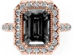 Fancy Black Emerald Cut Diamond Halo Ring Set in Rose gold with Pavé Shank and Prong Setting