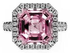 Fancy Pink Asscher Cut Diamond Halo Engagement Ring Set in Platinum with Pavé Band and Prong-Set Center