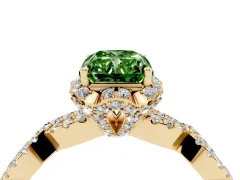 Fancy Green Radiant Cut Diamond Halo Twist Band Solitaire Ring Set in Yellow gold with Prong-Set Center Stone