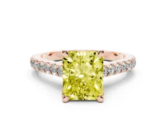 Fancy Yellow Radiant Cut Diamond Solitaire Ring Set in Rose gold with Brilliant Pavé Band and Prong Setting
