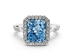 Fancy Blue Radiant Cut Diamond Halo Twist Band Solitaire Ring Set in White gold with Prong Setting