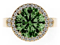 Fancy Green Round Cut Diamond Halo Ring Set in Yellow gold with Pavé-Lined Split Shank Band