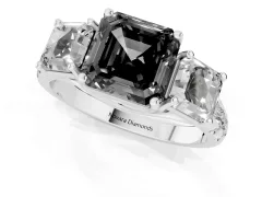 Fancy Black Asscher Cut Diamond Three-Stone Ring Set in White gold with Pavé Band