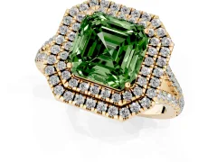 Fancy Green Asscher Cut Diamond Double Halo Ring Set in Yellow gold with Pavé Band
