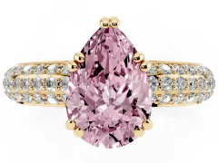 Fancy Pink Pear Cut Diamond Solitaire Ring Set in Yellow gold with Multi-Row Round Pavé Band and Prong Setting
