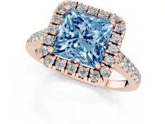 Fancy Blue Princess Cut Diamond Pavé Halo Engagement Ring Set in Rose gold with Pavé Band and Prong Setting