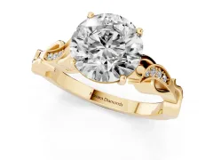 Round Cut Diamond Vine Band Solitaire Ring Set in Yellow gold with Milgrain Prong Setting