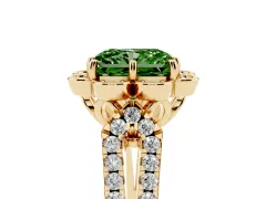 Fancy Green Radiant Cut Diamond Floral Halo Split Shank Engagement Ring Set in Yellow gold with Pavé Shank