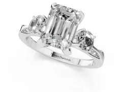 Fancy Pink Emerald Cut Diamond Three-Stone Ring Set in White gold with Pavé Band and Smaller Side Stones
