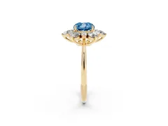 Fancy Blue Cushion Cut Diamond Cluster Halo Ring Set in Yellow gold with Solitaire Band and Prong Setting